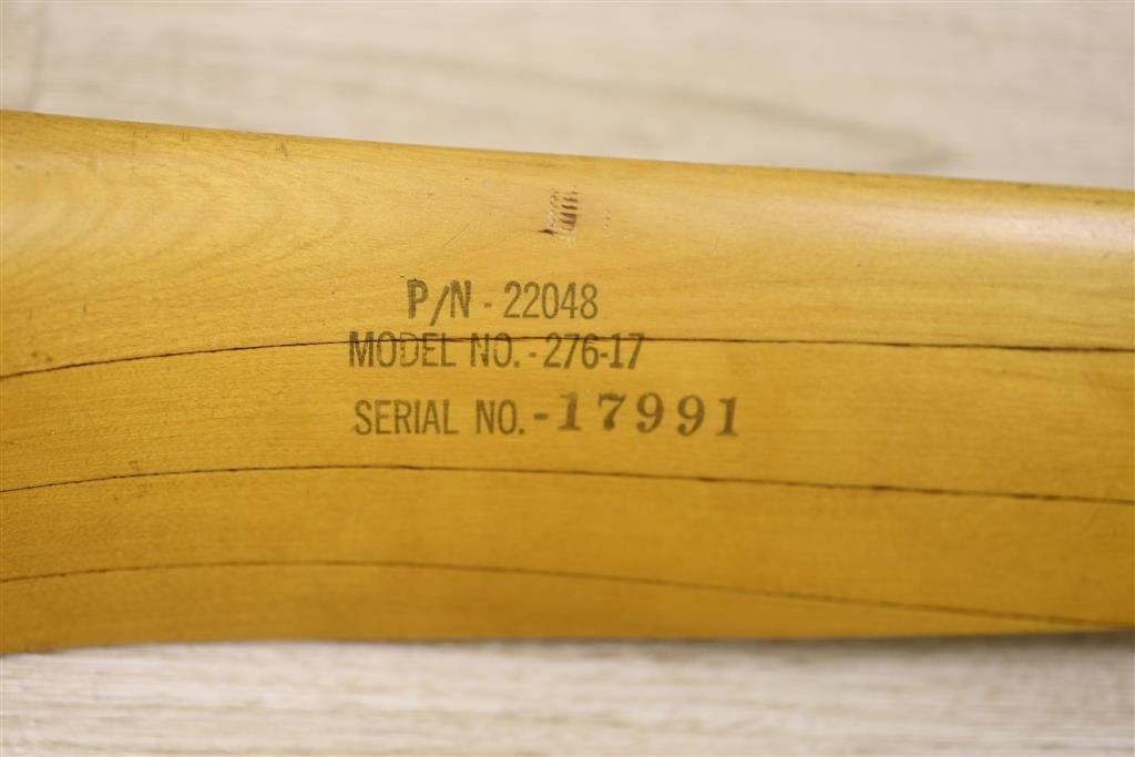 A Sensenich Corp. laminated wooden propellor, model number 276-17, Serial number 17991, length 112cm